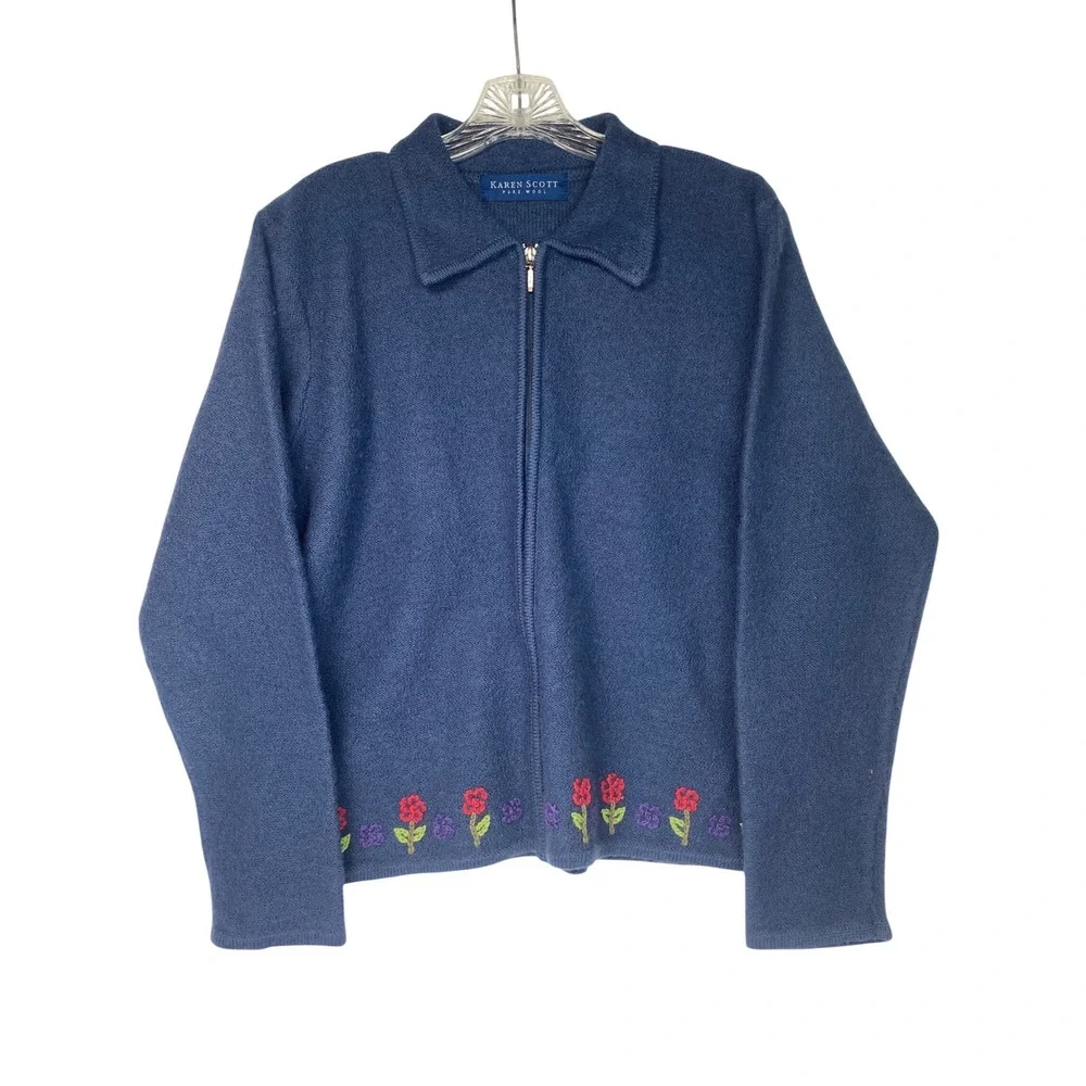 Karen‎ Scott Wool Zippered Sweater Jacket Floral Embroidery Size L